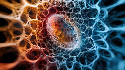 Poster - A network of colorful, interconnected filaments forms an intricate organic web with a vibrant, glowing center.