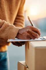Poster - Minimalist customs paperwork signing on clipboard with pen and cardboard boxes in warehouse setting, highlighting e-commerce final delivery verification process