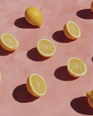Poster - Vibrant lemon halves casting playful shadows on bright pink textured surface - modern colorful flat lay for commercial branding and digital marketing