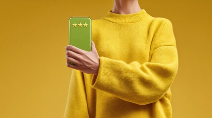 Poster - Modern Business Customer Feedback Concept with Smartphone Star Rating and Relaxed User, Digital Overlay for Service Satisfaction and Trust