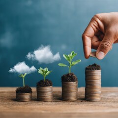 Poster - Sustainable Mutual Fund Investment Concept with Growing Plant Stacks and Hand Placing Coin on Wooden Surface for Wealth Growth and Retirement Planning