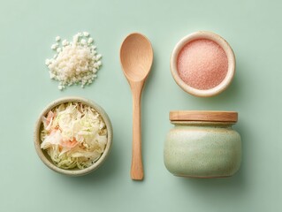 Aufkleber - Minimalist Gut Health Flat Lay with Kefir Grains, Sauerkraut, Himalayan Salt, and Wooden Spoon on Pastel Sage Background for Wellness Branding