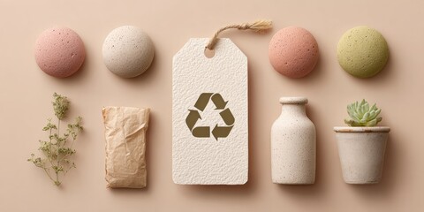 Poster - Circular Economy Lifestyle Flat-Lay Featuring Seed Paper Tag with Recycle Icon and Reused Packaging for Sustainable Branding and Eco-Friendly Marketing