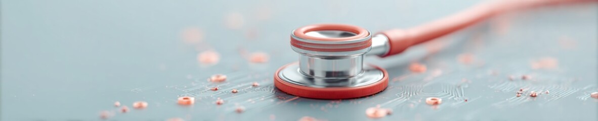 Poster - Cybersecurity Healthcare Technology with Stethoscope on Circuit Board, AI Data Protection and Digital Security Icons, Modern Medical Device Safety
