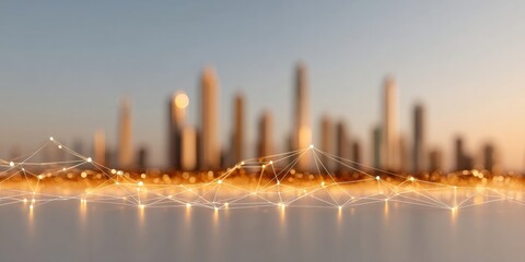 Aufkleber - Digital City Skyline at Twilight with Connected Network Points Visualizing Global Communication and Technology-Driven Urban Growth Marketing Concept