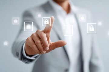 Poster - Modern Zero Trust Security Interface with Business Professional Touching Lock Icon in Minimalist Corporate Setting for Cybersecurity Innovation