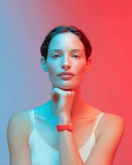Poster - Period Positivity Tech Holographic Menstrual Cycle Phases Rotating Above Smart Bracelet on Womans Wrist with Red Blue Glow Lighting