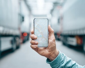 Aufkleber - Modern Truck Driver Using Smartphone GPS Navigation for Efficient Urban Logistics and Route Tracking, Technical Blue Monochrome Aesthetic