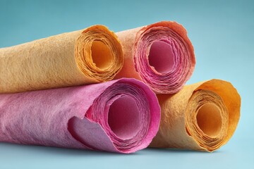 Poster - Vibrant rolled parchment scrolls with textured weathered edges in bold magenta and golden hues, showcasing dynamic abstract aesthetics for premium design marketing