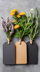 Poster - Minimalist Wooden Chalkboard Plant Labels with Fresh Herb Bouquets for Sustainable Garden Organization and Botanical Styling in Warm Natural Light