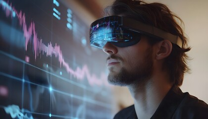 Poster - A focused individual wearing a virtual reality headset, engaged in data analysis on a digital interface, illustrating the intersection of technology and innovation in modern life.
