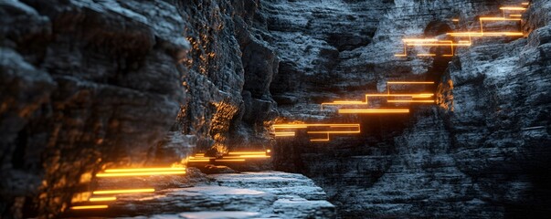 Poster - A futuristic staircase illuminated with glowing orange lights, set against a rugged stone background, depicting a blend of nature and advanced technology.