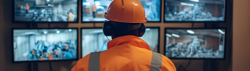 Poster - A worker in safety gear monitors multiple screens observing operations in an industrial facility