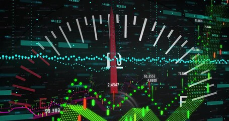 Poster - Starting with gauge needle near E, dots drifting, ribbon peaking, candlesticks rising growth