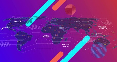 Poster - Bars sliding inward starting map fading, lines tracing data markers visualizing global data flow