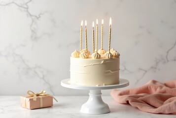 Wall Mural - Minimalist Birthday Cake Setup with White Cake Stand and Gift