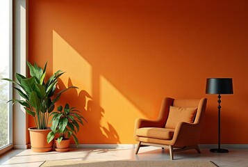 Wall Mural - Minimalist Interior with Orange Textured Wall, Plants, and Dark Lamps