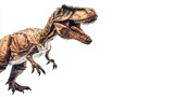Close-up of a T-Rex dinosaur model against a white background, showcasing its detailed features and texture.