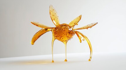 Wall Mural - abstract honey droplet art, flower-like shape with dripping texture on white background.