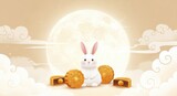 Mid-Autumn Festival illustration of a jade rabbit holding mooncakes under the full moon