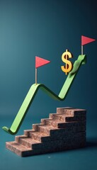 Poster - Green Growth Arrow with Dollar Sign Symbolizing Financial Success on Stone Steps