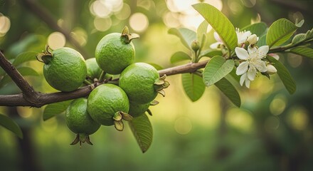 close-up of guava fruits and flowers growing on a tree branch in the sunlight