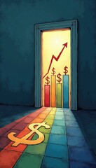 Poster - Doorway to Financial Growth with Dollar Symbols and Colorful Bar Graphs in a Creative Illustration