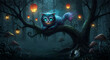 © AKAdesign - Cheshire Cat grins from a tree in a magical, lantern-lit wonderland.