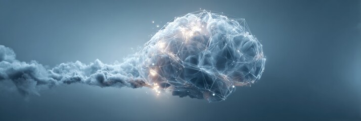 Aufkleber - Storm Cloud Hovers Above a Transparent Brain Against a Soft Blue Background, Evoking Thoughts of Creativity and Inspiration in a Surreal Setting