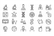 © MD.sahadat - Collection of 20 minimalist black and color-accented vector icons representing science, research, biology, DNA, lab equipment, and global education