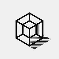 Aufkleber - Abstract geometric cube illustration featuring a black outline on a white background with a linear pattern in shadow. concept of 3d shape, modern design.