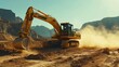© habie - Excavator working on a dusty construction site under a clear sky