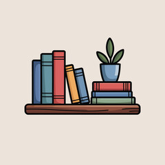 Aufkleber - Colorful illustrated books and potted plant on wooden shelf ideal for home decor education or reading concept with minimalist design