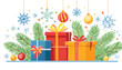 © lilyax - Happy New Year 2026 cards set. Trendy modern design with gifts, snowflakes, branches tree decorated balls and toys. Vector templates for poster, holiday.horizontal, new year, number, abstract,