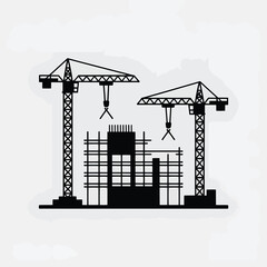 Aufkleber - Construction site illustration featuring cranes and building frame silhouettes illustrating infrastructure development concepts