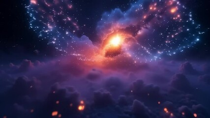 Wall Mural - Ethereal 4K Timelapse of Glowing Particles Coalescing and Dissipating in a Shimmering Cosmic Nebula with a Dark Background