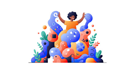 Poster - Cheerful person surrounded by abstract shapes, vibrant colors and organic forms illustration