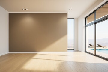 Poster - Modern empty interior room with large windows, wooden floor, and brown accent wall illuminated by natural light in contemporary architectural style.