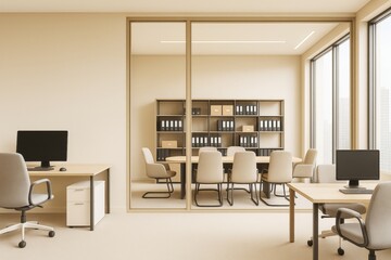 Poster - Modern office interior with meeting room and workstations in bright contemporary space featuring large windows and minimalist design style.