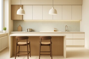 Poster - Modern minimalist kitchen interior with wooden island, pendant lighting, and neutral tones in contemporary home design setting.