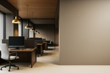 Poster - Modern office interior with wood accents, pendant lighting, and empty workstations creating a contemporary professional workspace concept.