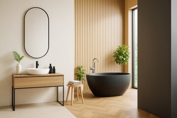 Poster - Modern minimalist bathroom interior with black bathtub, wood wall panels, vanity mirror and plants in natural lighting. Ai generative.
