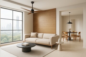 Poster - Minimalist modern living room interior with beige sofa, wood wall panel, and dining area in soft natural light overlooking cityscape skyline view.