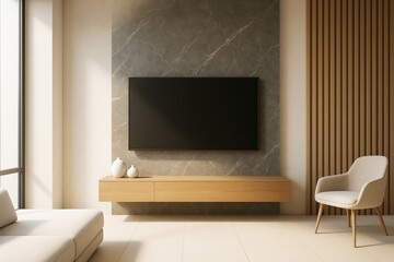 Poster - Modern minimalist living room with wall-mounted TV, light wood furniture, and neutral decor in contemporary interior style with soft natural light.