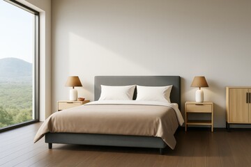 Aufkleber - Cozy modern bedroom interior with large window, neutral tones, and minimalist wooden furniture in warm natural light setting. Ai generative.