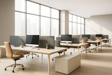 Poster - Modern open-plan office interior with multiple workstations, wooden flooring, large windows, and minimalistic contemporary design.