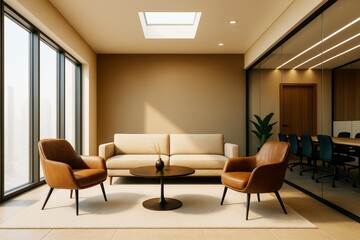 Aufkleber - Contemporary lounge area with beige sofa and leather chairs in modern office interior with skylight and glass wall partition. Ai generative.
