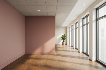 Poster - Modern empty interior with large windows, wooden herringbone floor, pink accent wall, and potted plant in natural sunlight. Ai generative.