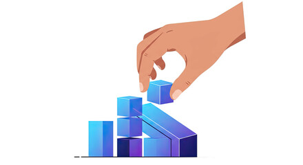 Aufkleber - Hand placing a blue cube on a stack of blocks, symbolizing growth and progress.