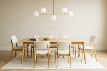 Aufkleber - Minimalist dining room with wooden table, white chairs, and modern chandelier on neutral background in contemporary interior design concept.
